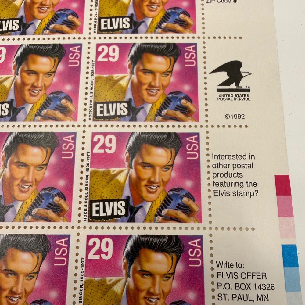 Vintage 1992 Elvis Presley 29 Cent Stamp Sheet Full 40 Count USPS Commemorative - Picture 2 of 4